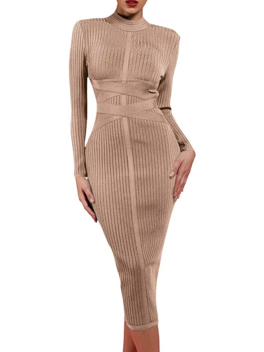 Chic Long Sleeve Cross Strap Ribbed Midi Bodycon Dress for Club & Party Wear